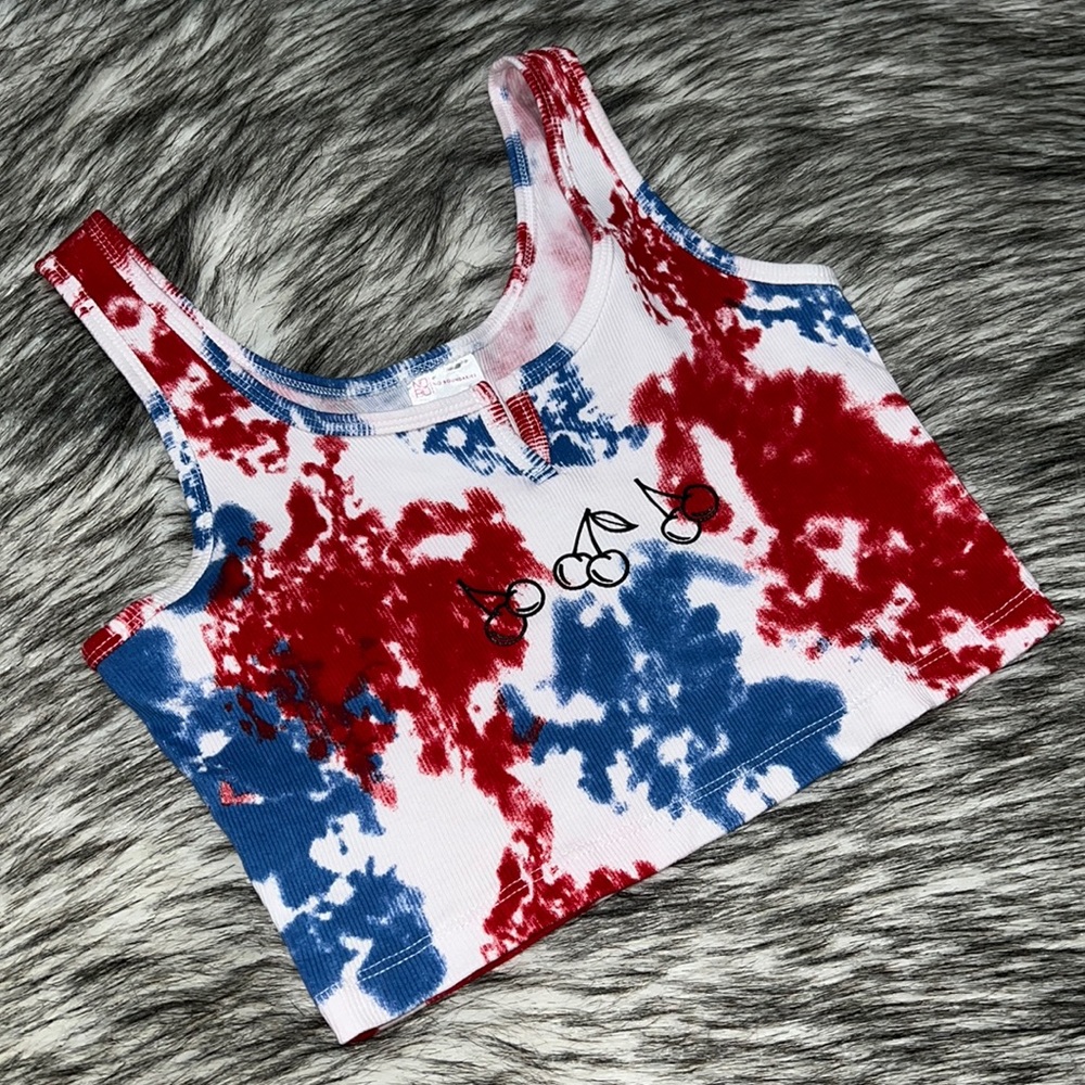Red White Blue Ribbed Cotton Tie Dye Cherry Crop Top S
